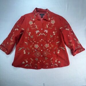 Silk Land Woman‎ Rust Red Embroidered 100% Silk Floral Jacket Plus Size 2X Boho